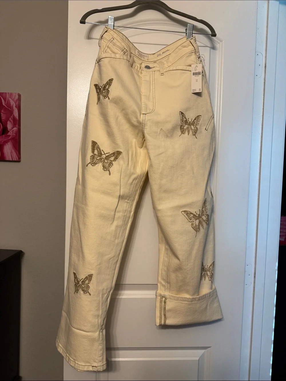 Anthropologie Cream Wide-Leg Jeans with Brown Butterfly Motif Barrel